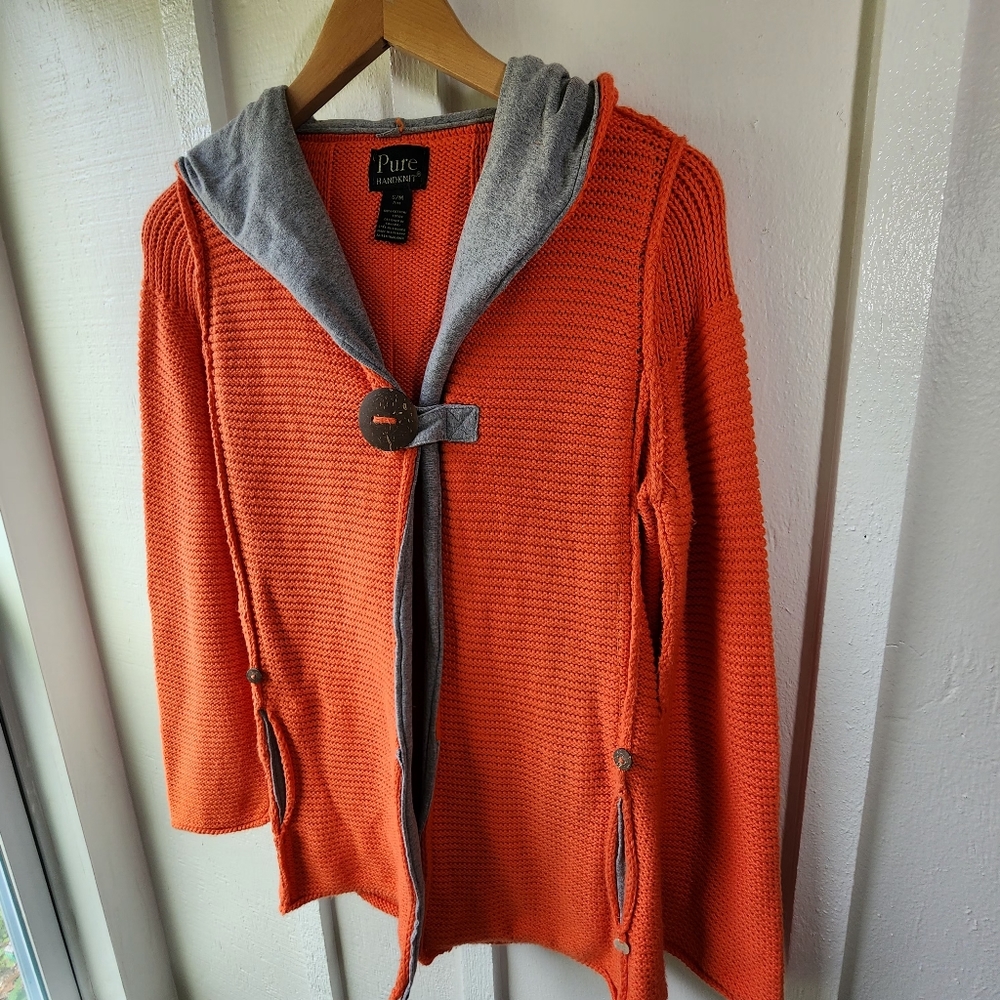 Pure Handknit Knit Cardigan Orange/Grey Size S/M